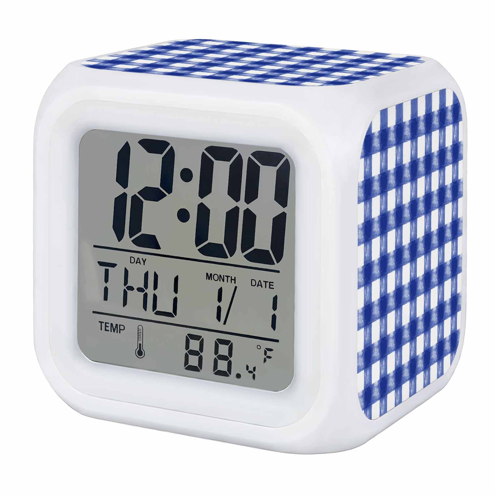 Alarm Clocks Buffalo Check Watercolor Digital Clock 7 Color LED Night Light Silent Non-Ticking Battery Operated Blue White Plaid FarmHouse Cube Clocks for Bedroom Bedside Living Room Office School