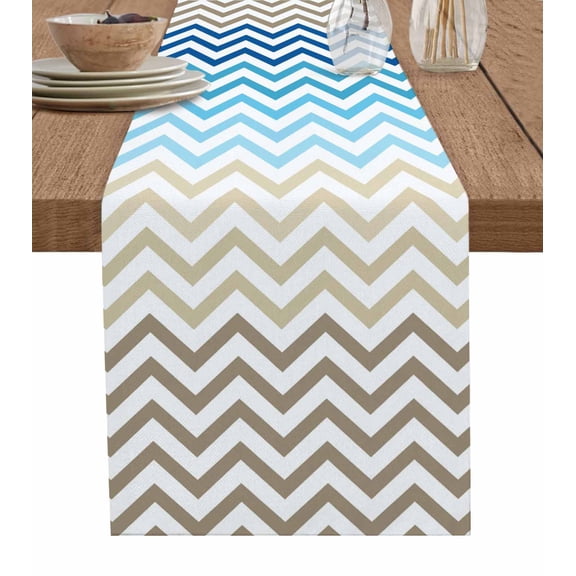 ERUNPONLY Blue Brown Table Runner - 72 Inch Long Modern Chevron Waves Khaki Geometric Stripes Cotton and Linen Blended Dress Scarves Farmhouse Table Runner for Kitchen Dining, Coffee Table, 16"x72"