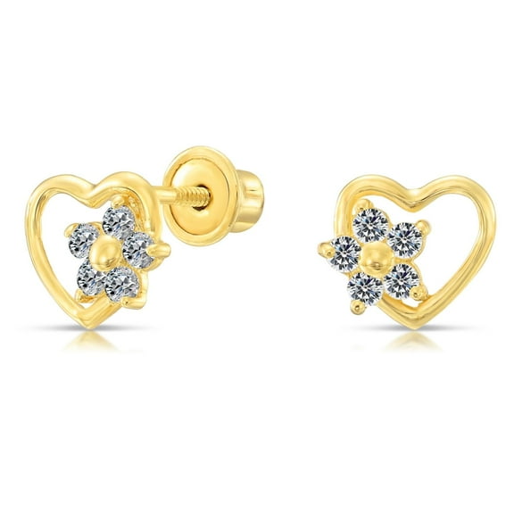 Tilo Jewelry 10K Yellow Gold Small Heart & Flower CZ Stud Post Earrings with Secure Screw-Backs | Everyday Dainty Small Earrings for Women & Unisex
