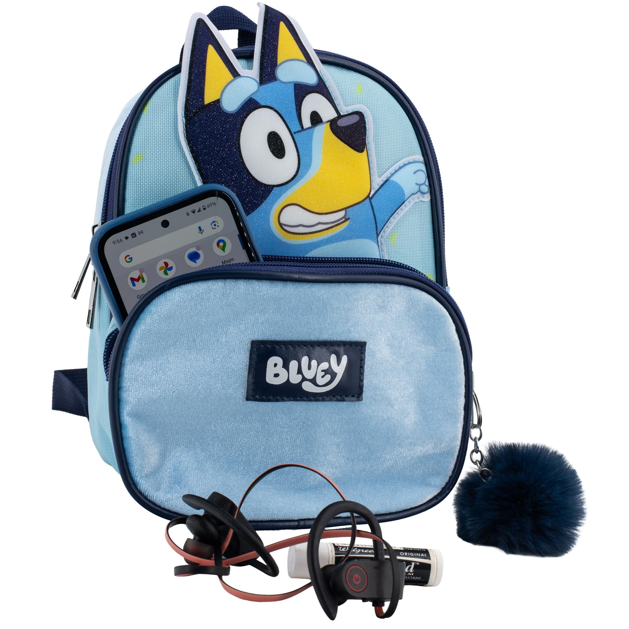 Bluey 9” Micro Mini Backpack Purse Featuring a 3D Bluey Glitter Patch with Pom Pom Dangle, Blue