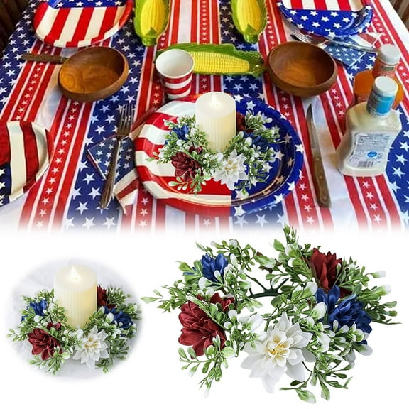 Patriotic Candle Wreaths - 10" Red White Blue Artificial Flower Rings for 4th of July, Memorial Day & Veterans Day Centerpieces - Farmhouse Holiday Table Decorations