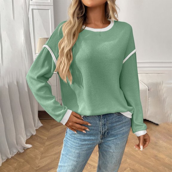Green Womens Tops Women's Casual Patchwork Contrast Color Long Sleeve Sweatshirt Fall Outfits for Women 2025