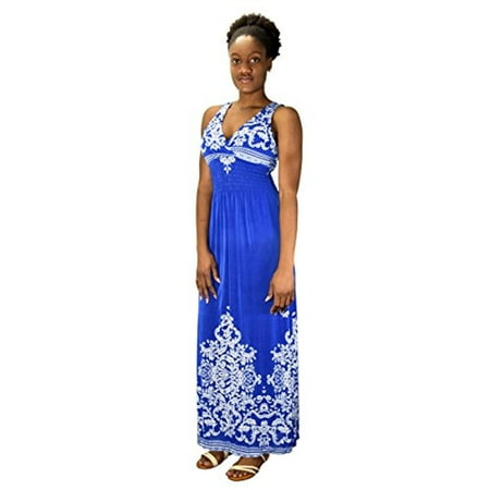 Print Surplice Dress - Peach Couture Womens Paisley Print Smocked Waist Surplice Bodice Tank Maxi Dress Damask Blue Large