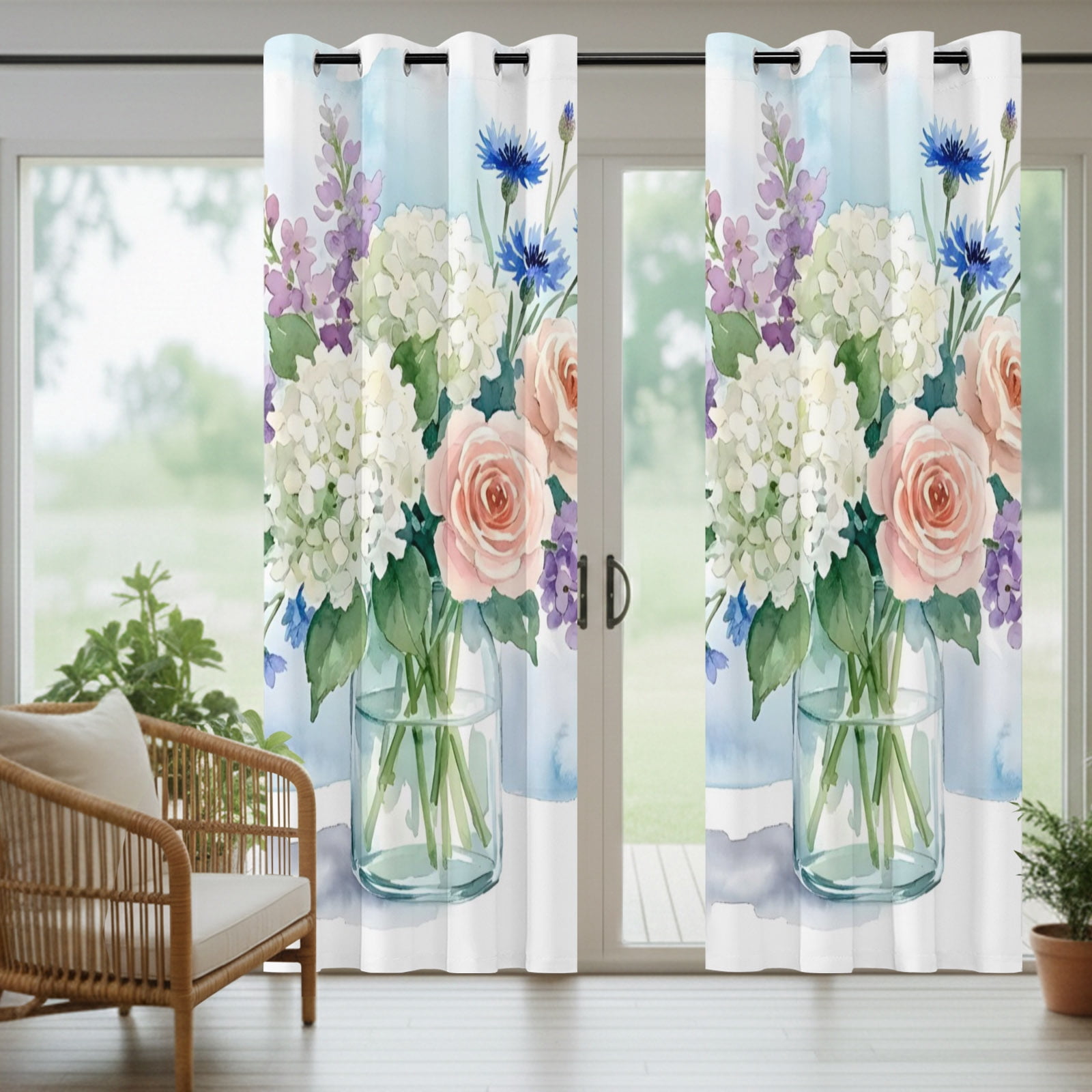 Hydrangea Flowers Lavender Rose Outdoor Curtains for Patio, Bouquet Farmhouse Sunshade Privacy Drapes Grommet Waterproof Outside Curtains for Porch/Cabana/Balcony 54"x 108", 1 Panel