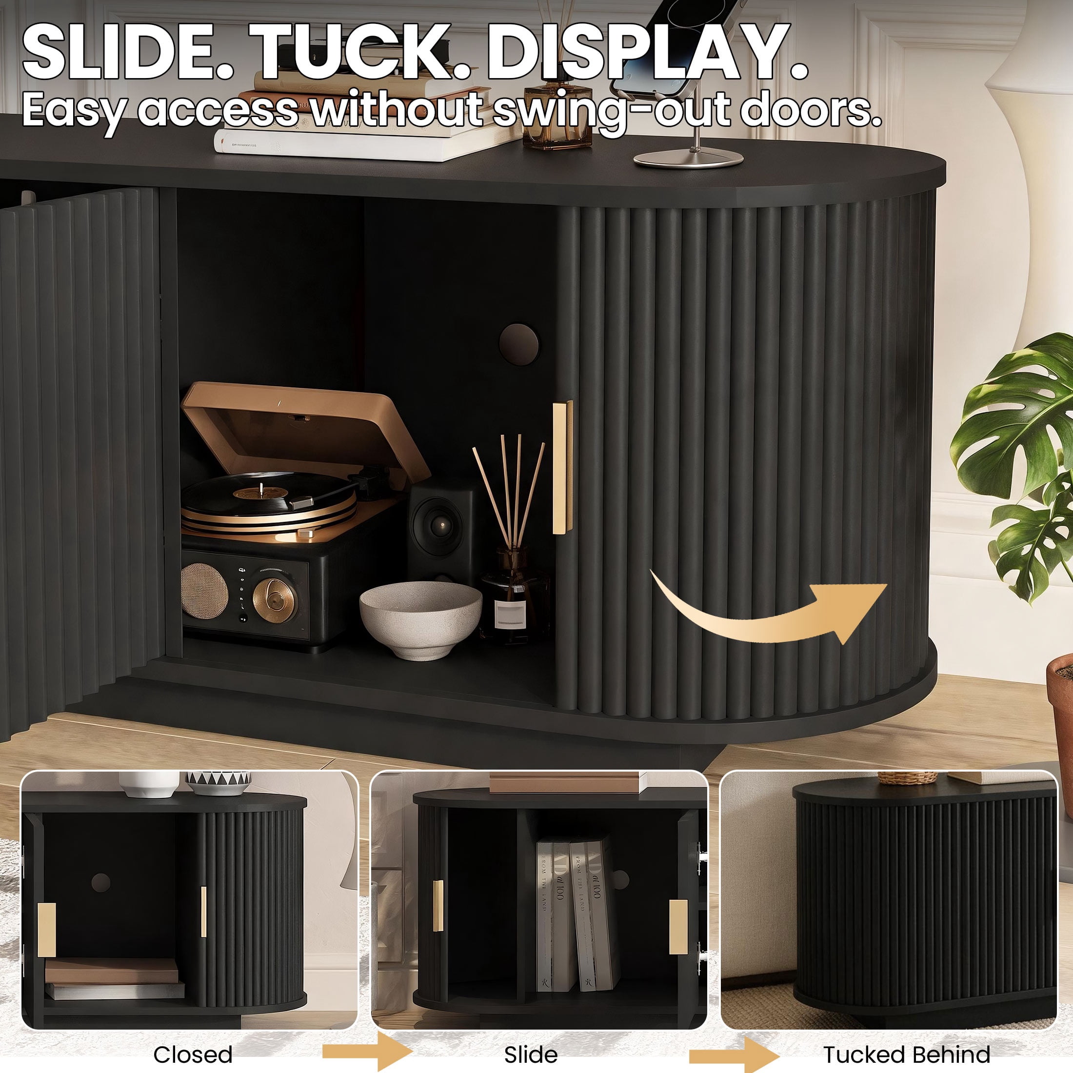PORKISS Modern Fluted TV Stand for 75 Inch TV, Wood Entertainment Center with Tambour Sliding Doors, TV Console with Storage Cabinet, Media Console Table for Living Room Bedroom, Black