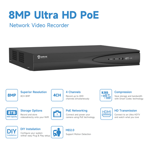Anpviz AI 8MP 4CH POE NVR (8MP/6MP/5MP/4MP) Smart AI POE Network Video Recorder - Supports up to 4 x 8MP POE Cameras, 4-Channel Power Over Ethernet (Not Included HDD)