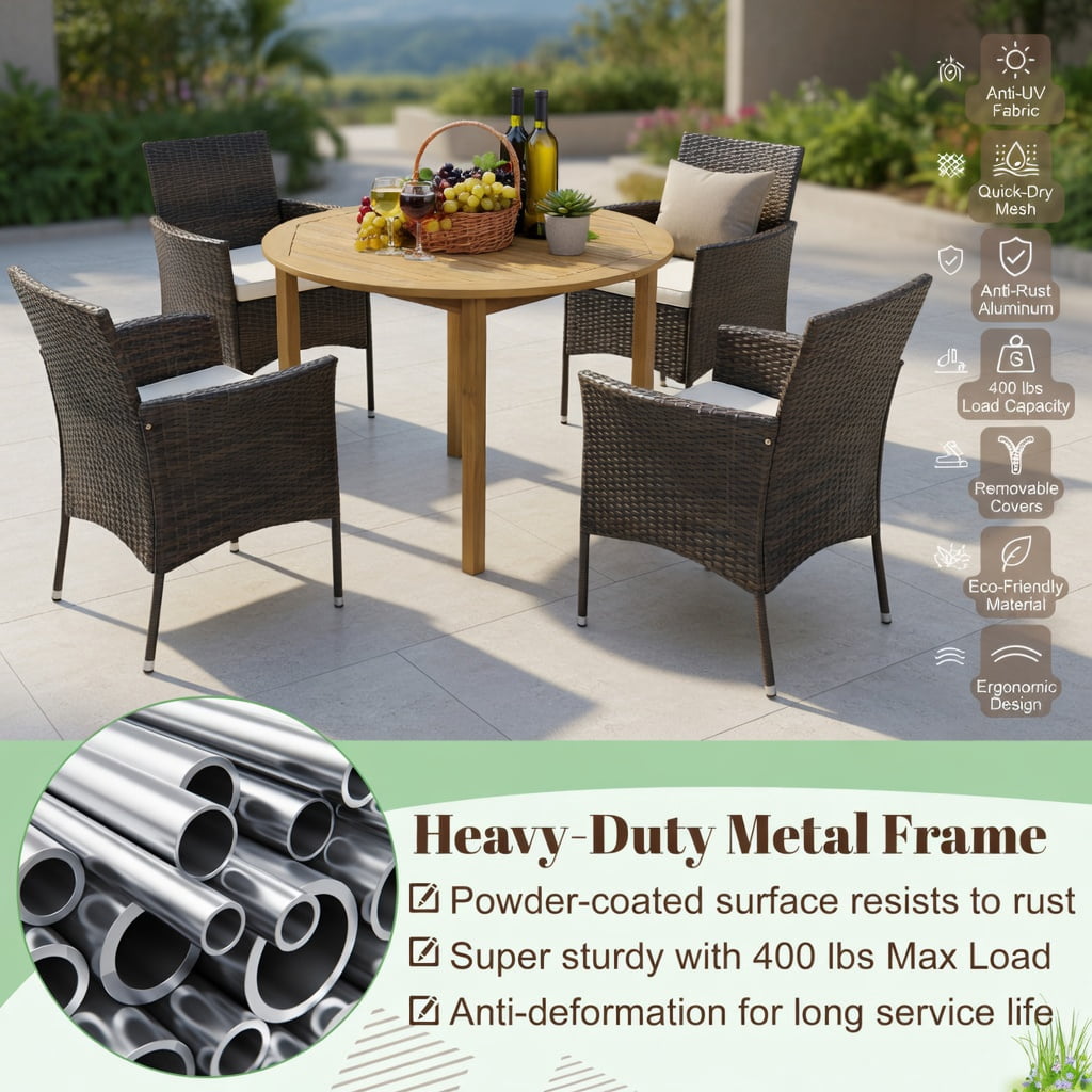 Hommoo 4-Piece Outdoor Dining Chair Set with Off-White Cushions, PE Rattan & Acacia Wood Frames, Rust-Resistant Metal Base, Patio, Poolside & Balcony Ready, Brown