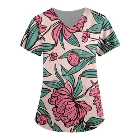 

QWERTYU Professionals Scrubs Top for Women Graphic Pockets Uniform Casual Working Nursing Scrubs Short Sleeve V Neck T Shirt Hot Pink 3XL