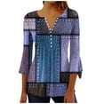 thumbnail image 1 of Pompotops Women's Casual Trumpet 3/4 Sleeve Printed Buttoned Basic Ruched Tops Pleated T-shirts Blouses Clearance, 1 of 5