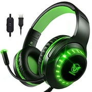 Pacrate 7.1 USB Stereo Gaming Headset with Microphone Noise Cancelling Surround Sound USB Headphones with LED Lights for PC Laptop Mac Wired Over-Ear Headset for Kids Adults(Black Green)