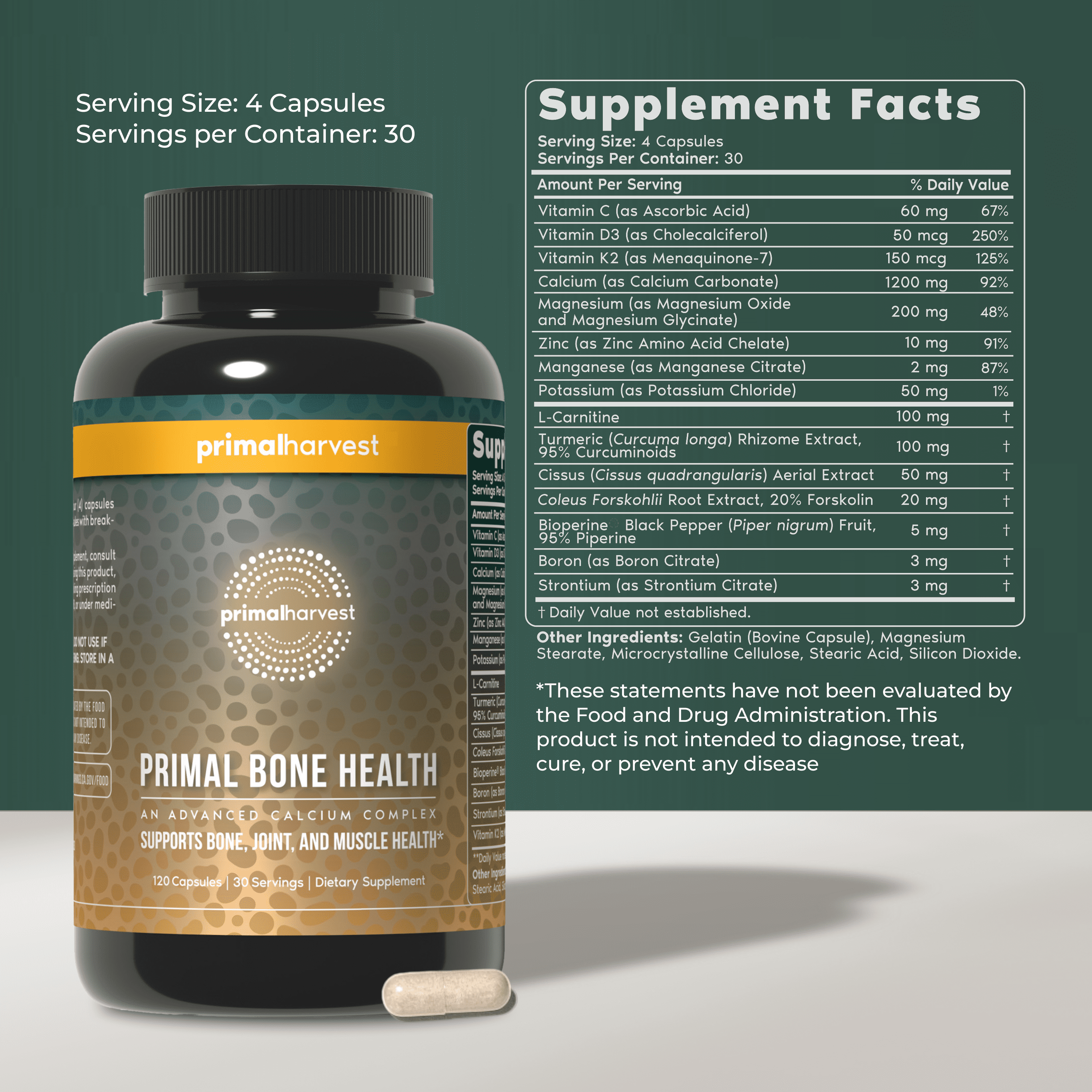Primal Harvest Primal Bone Health Calcium Complex Capsules for Musculoskeletal Flexibility, 120 Count