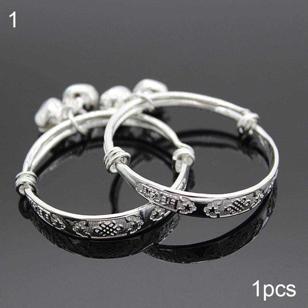 Yesbay Toddler Baby Silver Plated Adjustable Embossing Bell Charm Bangle Jewelry Gift-4#