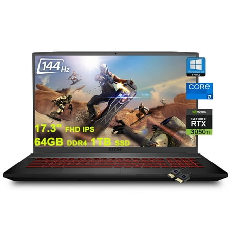 MSI Katana GF76 17 Gaming Laptop I 17.3'' Full HD IPS 144Hz 11th Gen Intel 8-Core i7-11800H 64GB DDR4 1TB SSD GeForce RTX 3050 Ti 4GB Backlit Nahimic USB-C Win10 Pro + 32GB MicroSD Card, Black,
