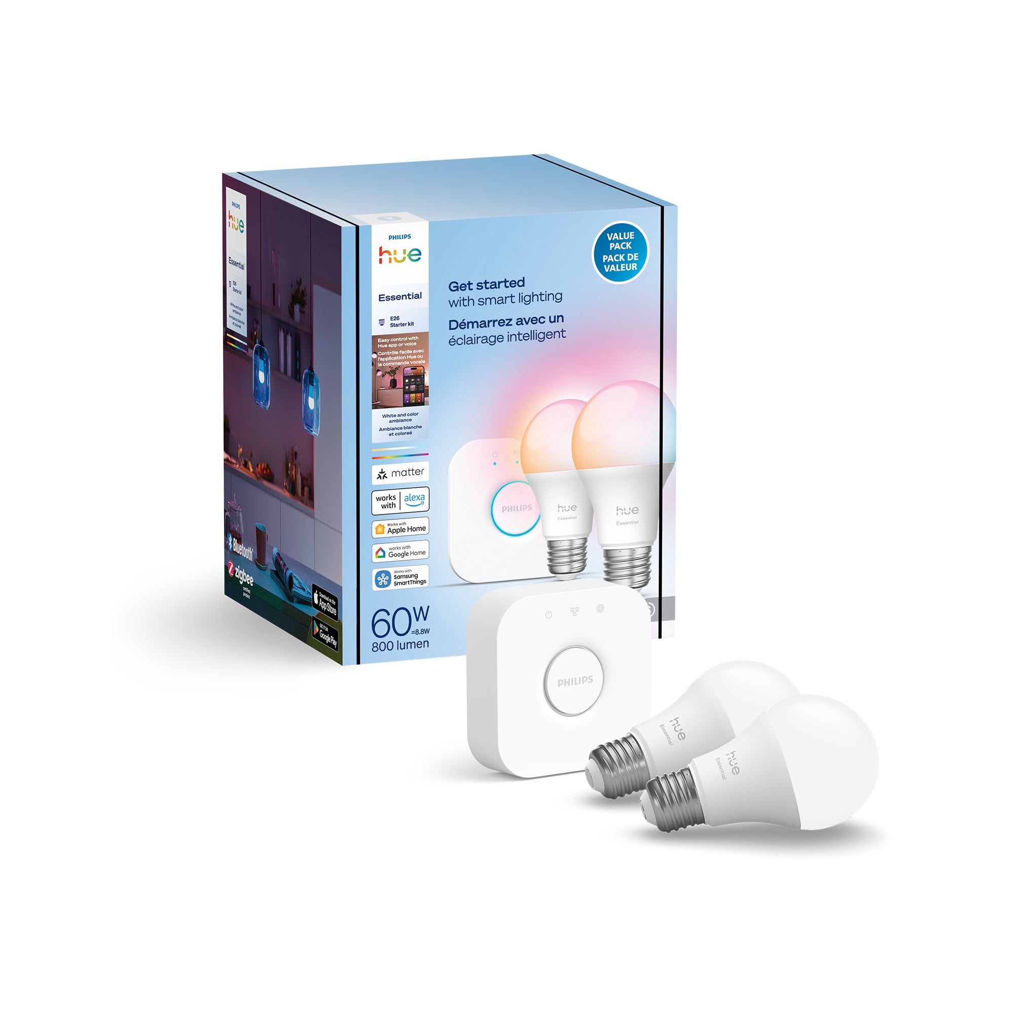 Philips Hue Essential Starter Kit Smart LED A19 E26, 800 Lumens