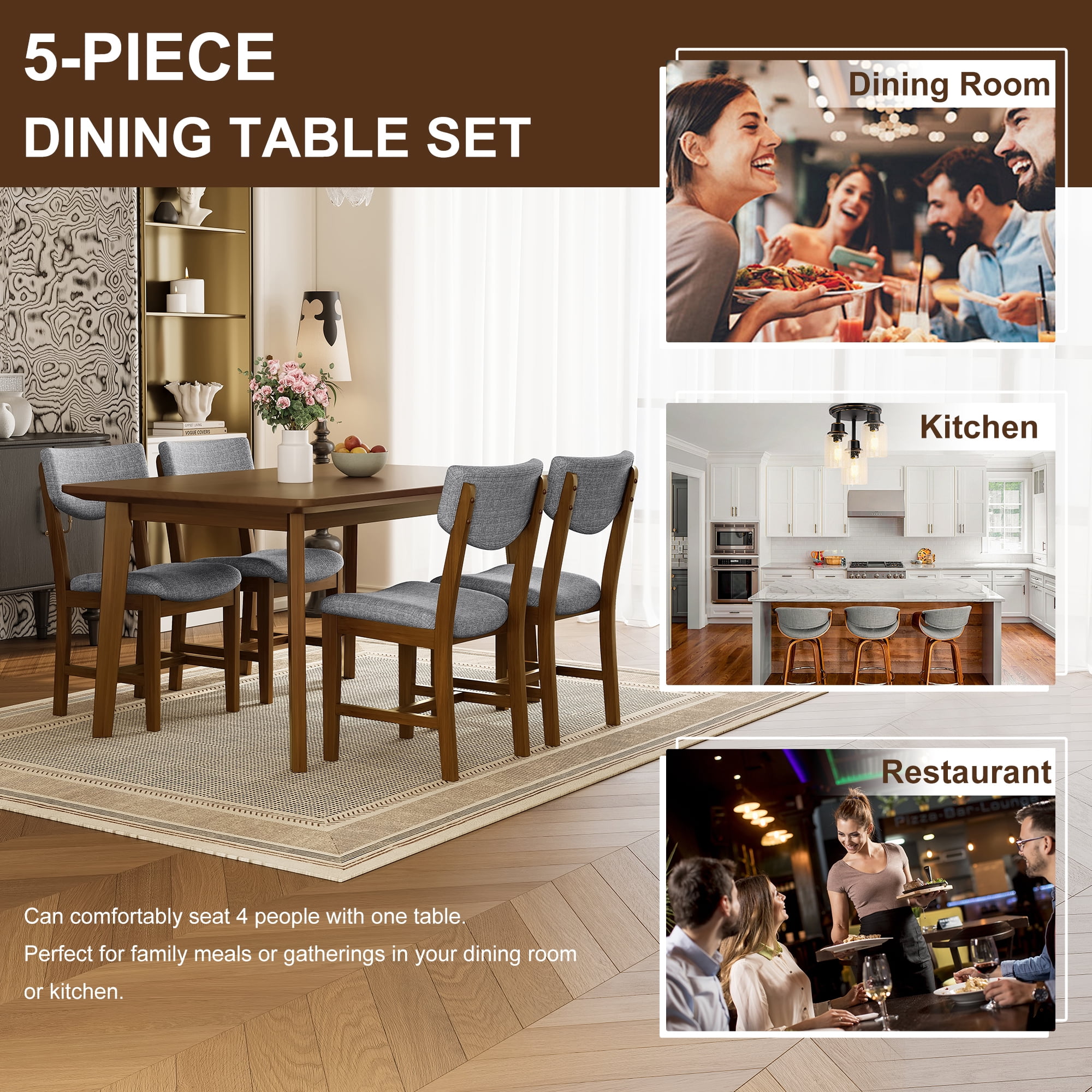 Euroco 5 Piece Dining Table Set for 4, Farmhouse Wood Kitchen Table Set with 4 Upholstered Chairs for Kitchen & Dining Room,Walnut