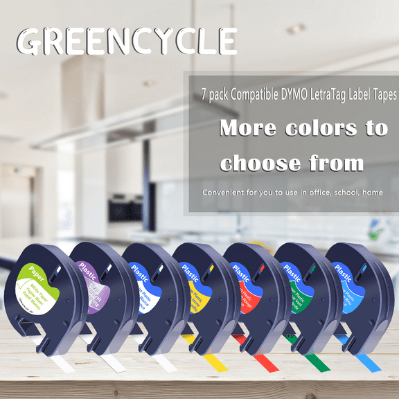 GREENCYCLE 7PK Compatible for DYMO LetraTag 16952 91330 91331 91332 91333 91334 91335 Black on Clear/White/Yellow/Red/Green/Blue Label Tape Plastic/Paper for LetraTag Printer (1/2" x 12mm)