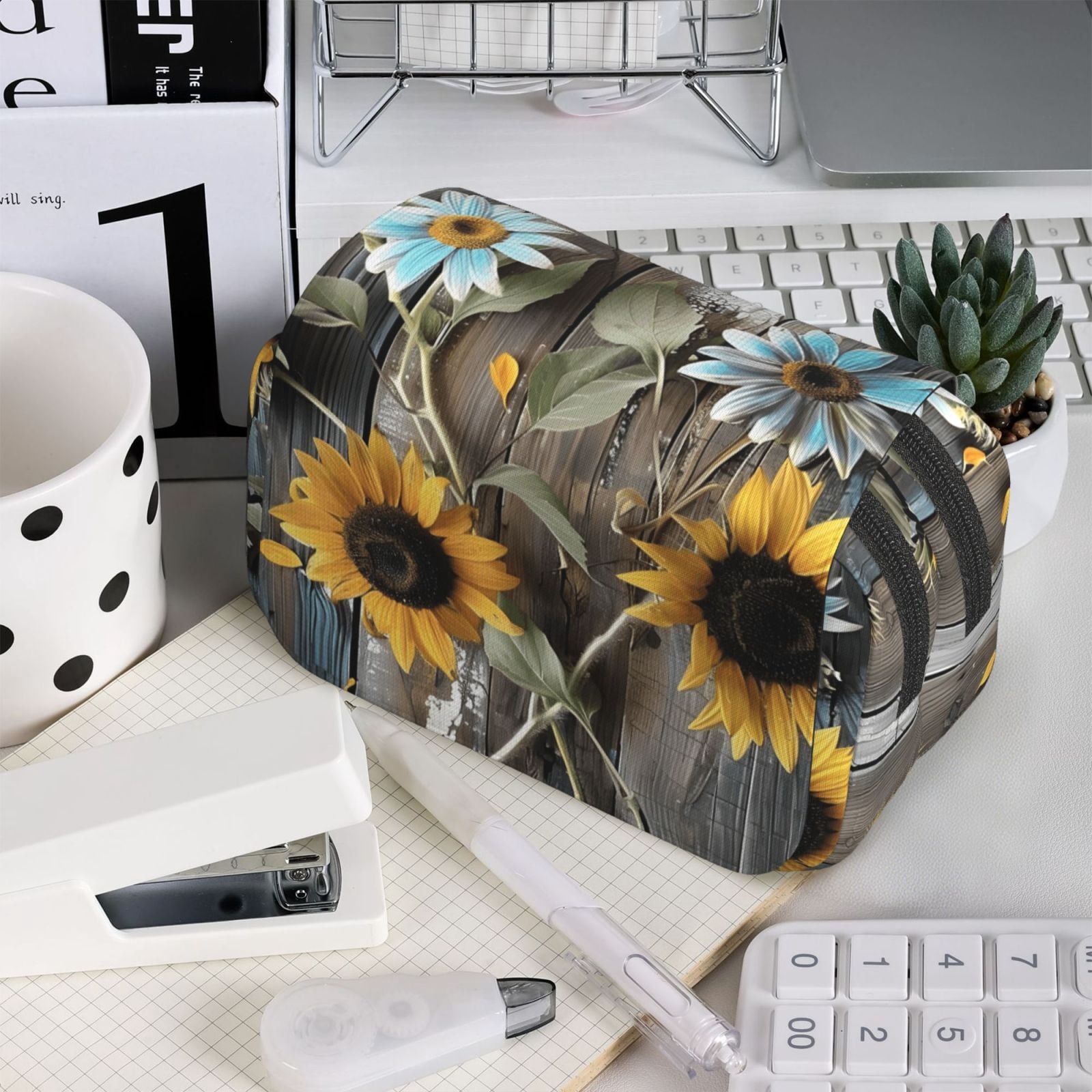 Large-Capacity Flip-Top Double-Layer Pencil Case, Multi-Functional Pocket Pen Case, Durable Stationery Organizer Turquoise Wood Farmhouse Sunflowers (1)