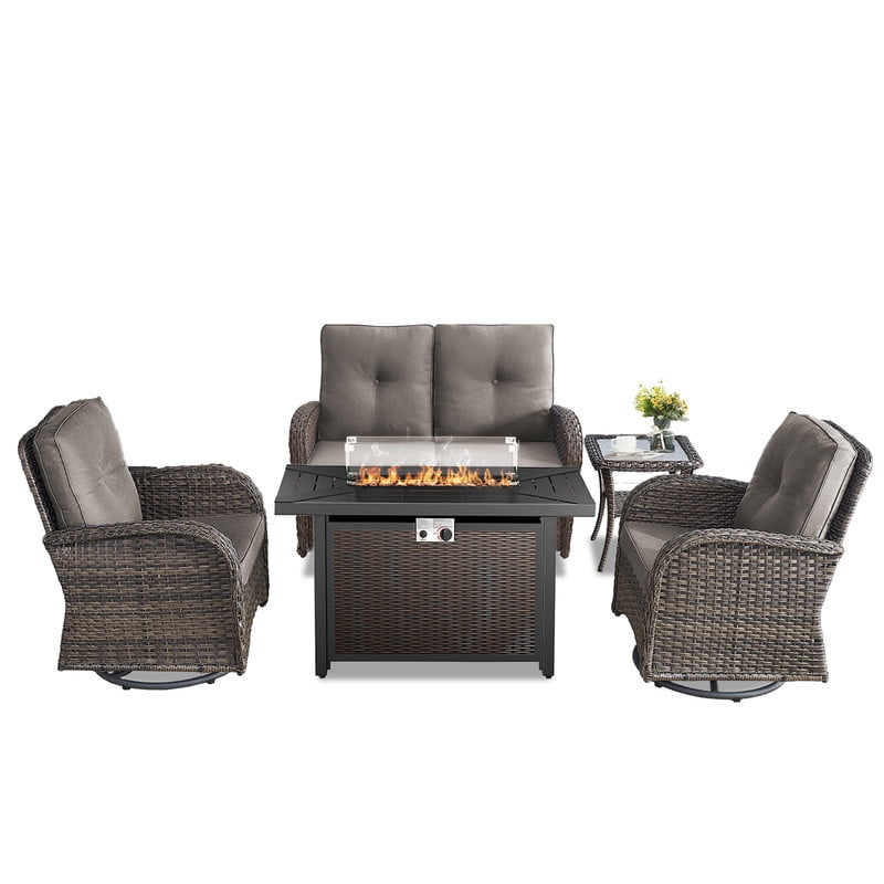 PARKWELL 5 Pieces Outdoor Patio Furniture Set with Fire Pit Table,All Weather Wicker Cushioned Swivel Chairs,Loveseat Glider for Garden Lawn Balcony Porch Deck,Brown/Gray
