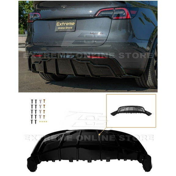 Replacement For 2020-Present Tesla Model Y | Performance Track Style ABS Plastic GLOSSY BLACK Rear Bumper Diffuser With Side Splitter Apron Pair