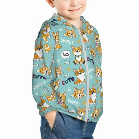 

Uemuo Cute Dogs Corgi Pattern Rash Guard for Boys Girls Long Sleeve Swim Shirts UPF 50+ UV Sun Protection Hooded Fishing Shirt with Pocket for Kid-2 Years