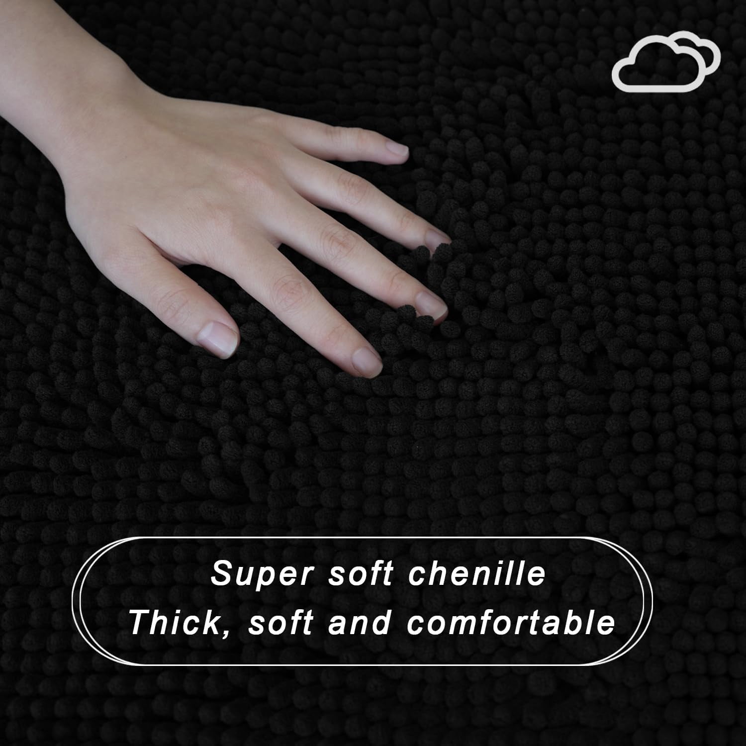 Bathroom Rugs Sets 2 Piece, Ultra Soft Absorbent Bath mat Chenille Bathroom Rug, Antiskid Bath mats Washable Bathroom mat (20x32 inch + 16x24 inch) Black