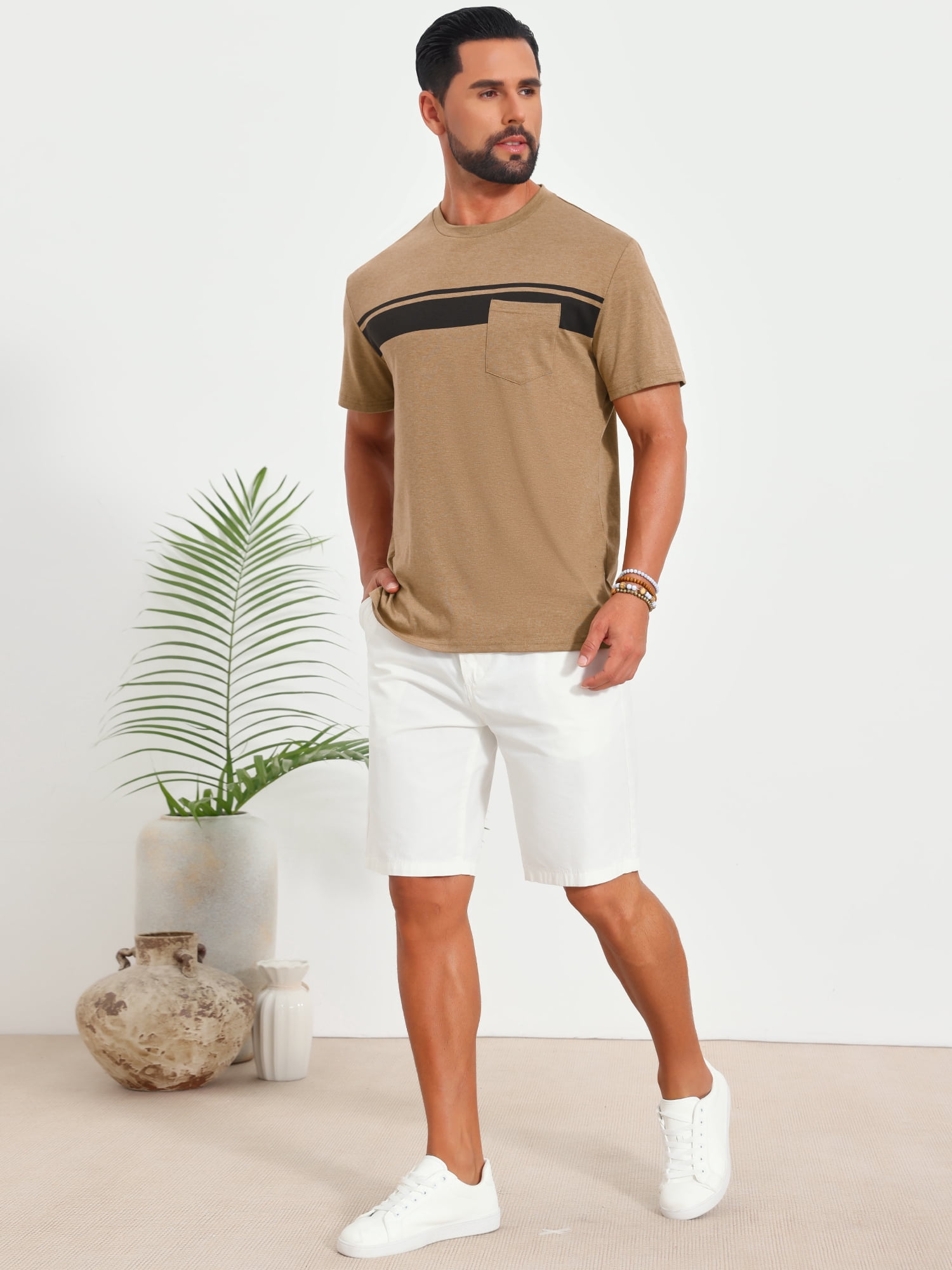 DARING DIVA Men's Chest Pocket Striped Print Crew Neck Short Sleeve T-Shirt XL Khaki
