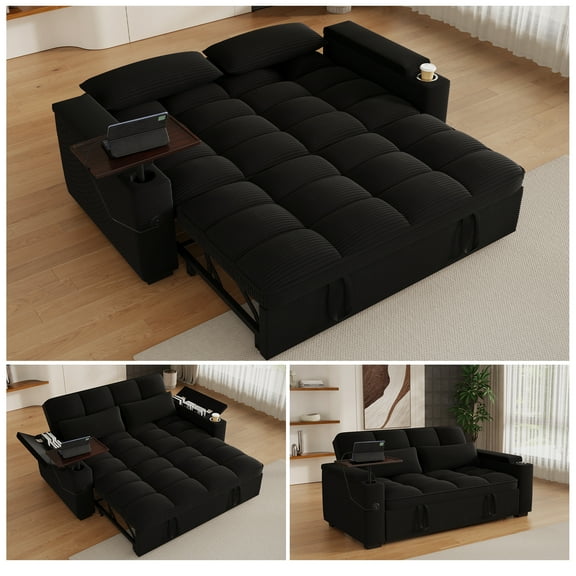 LLappuil 65" Pull Out Sofa Bed, Corduroy Sofa Couch Covertible Sofa Bed, Loveseat Sofa for Living Room Black