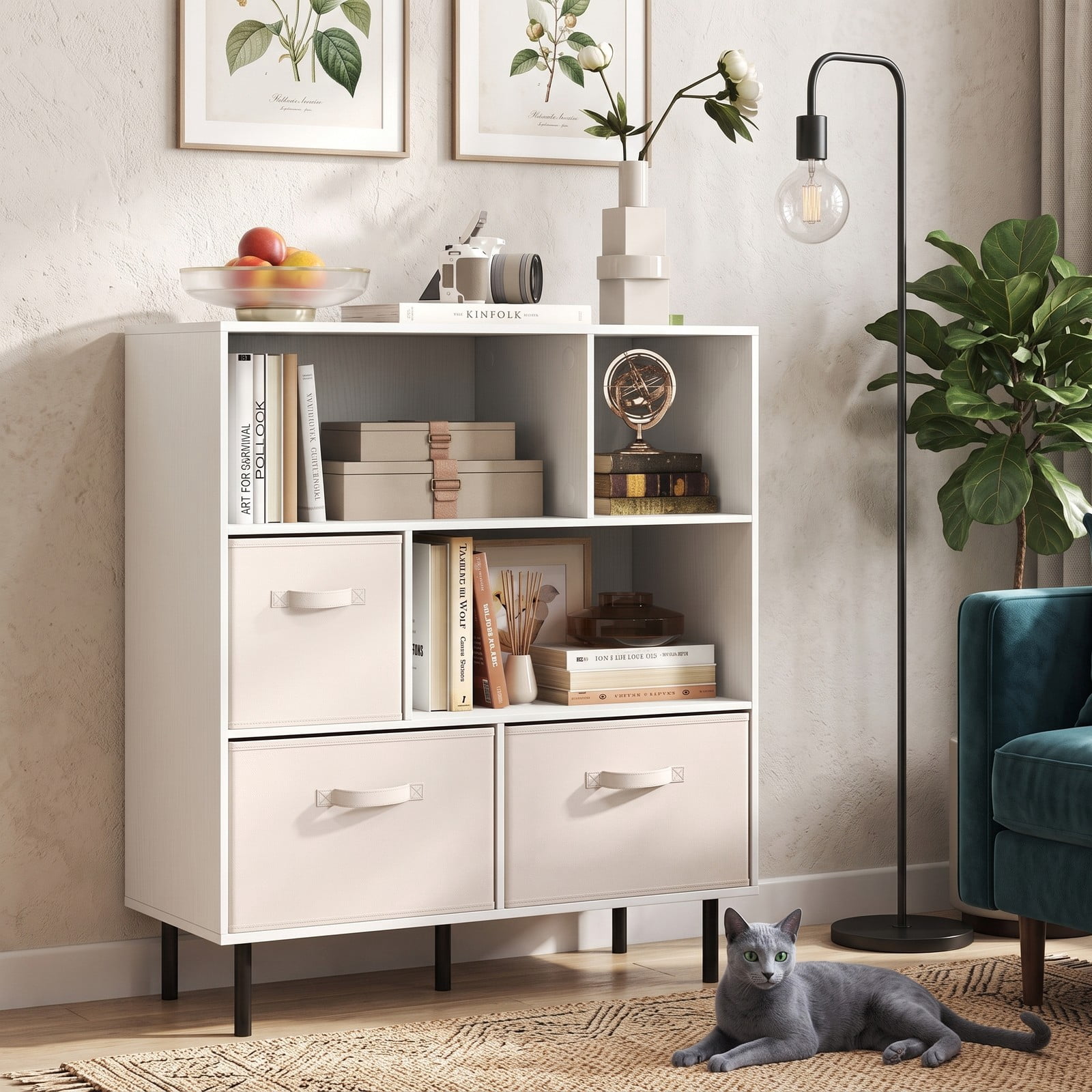 Furnibear 6-Cube Bookshelf with 3 Removable Folding Fabric Drawers, Metal Frame Cube Storage Organizer Bookcase Display Shelf for Living Room Bedroom Home Office, White
