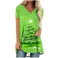 thumbnail image 1 of Camiseta Impresa con Cuello en V de Manga de Raglan de la Parte Trasera Larga Delantera Corta de las Mujeres de Navidad, Vacaciones Informales, 1 of 5