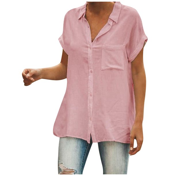 RPVATI Women Plus Size Short Sleeve Shirts Button Down Solid Business