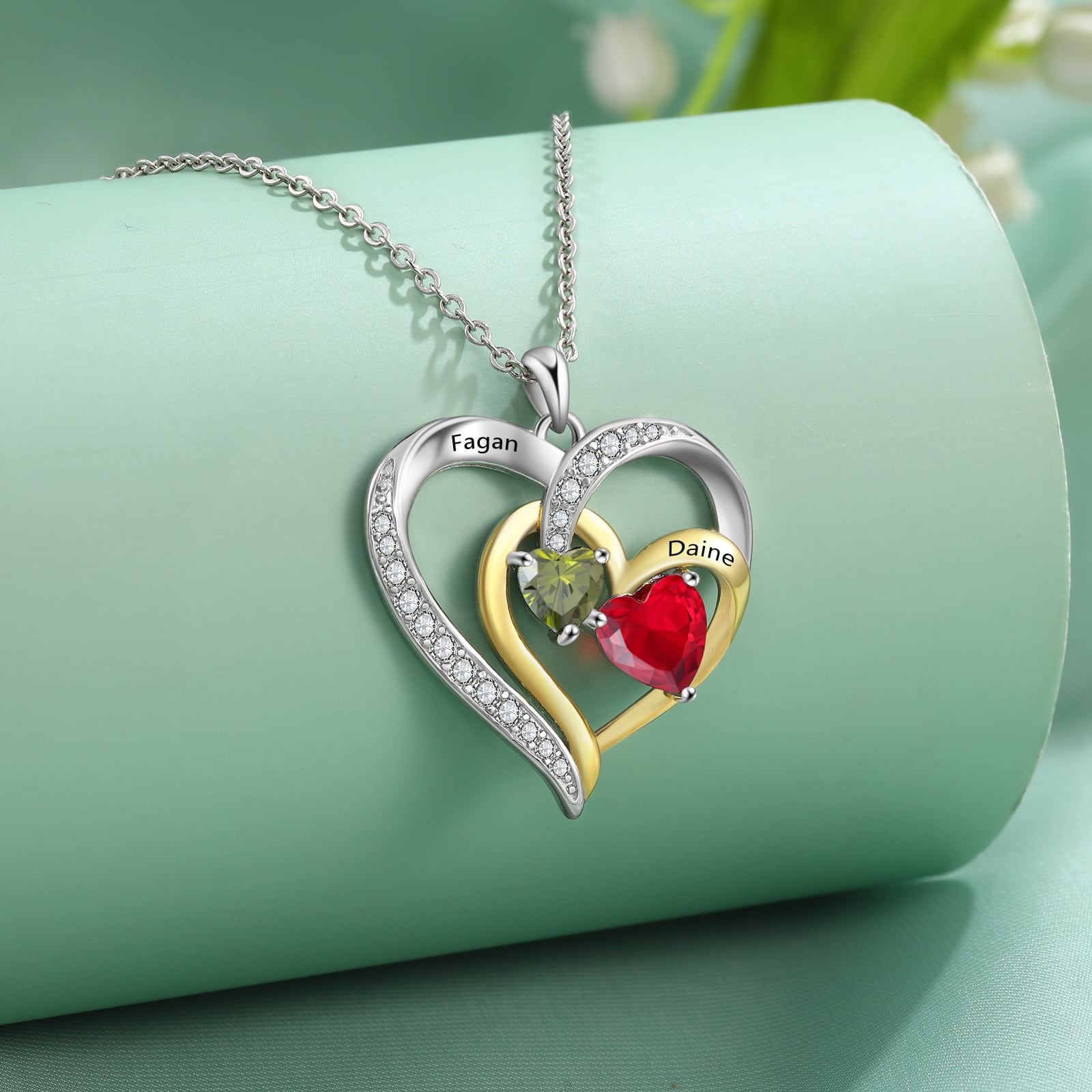Mementos Personalized Sterling Silver Family Women's Necklace with 2 Birthstones and Names