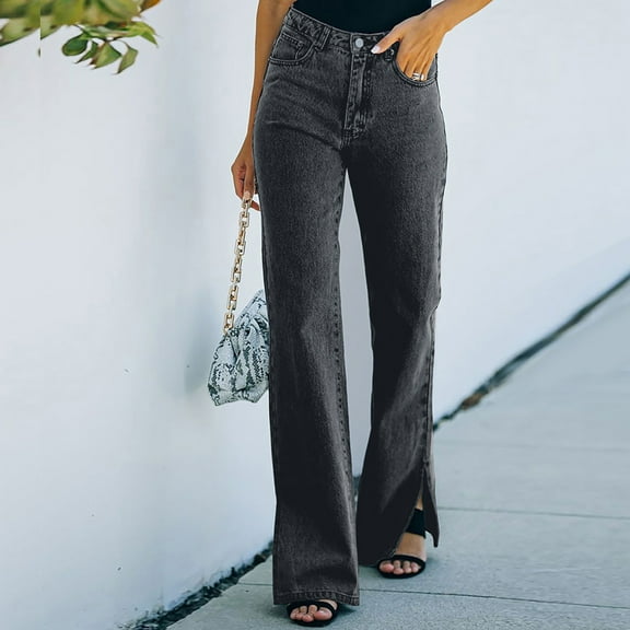ClodeEU Women's High Waisted Straight Leg Jeans, Stretchy Classic Baggy Flare Denim Pants with Pocket And Side Slit Hem Black,Womens Plus S