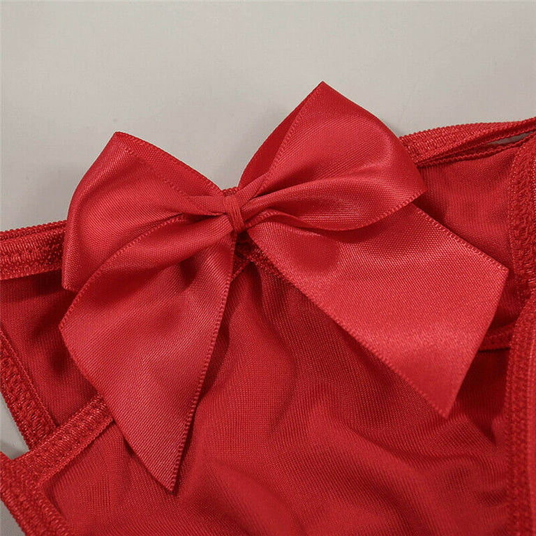DNDKILG Women's Satin Teddy Lingerie Set Babydoll Bow Lingerie Cupless Sexy  Bra and Panty Sets Red S