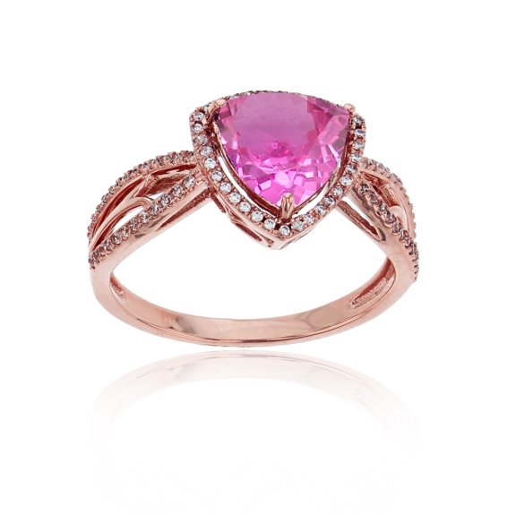 Decadence 14K Rose Gold 0.20 CTTW Rnd Diamond & 8mm Trillion Created Pink Sapphire Split Shank Ring