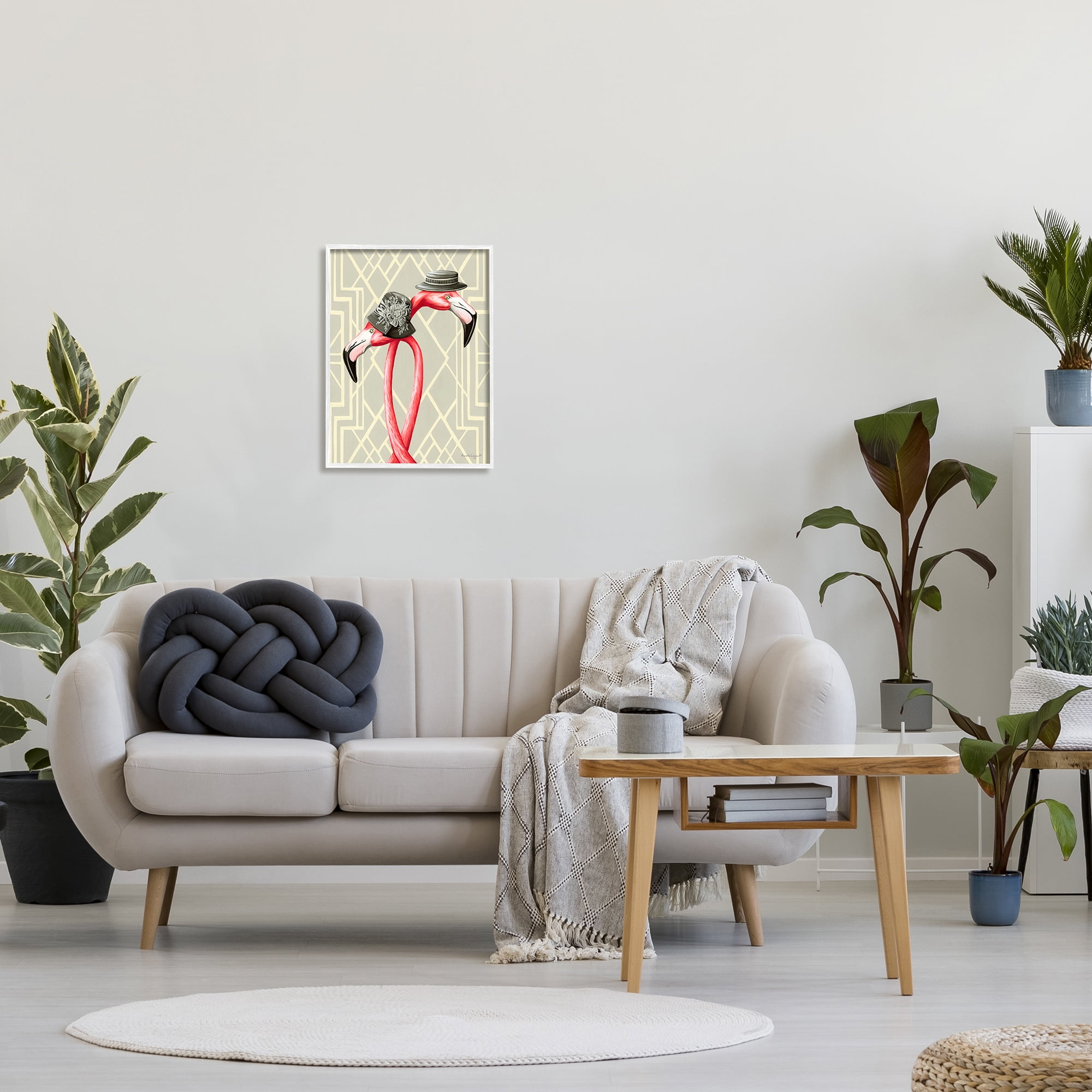 Stupell Industries Pink Flamingos Intertwining Vintage Hats Shapes Design Graphic Art White Framed Art Print Wall Art, Design by Amelie Legault