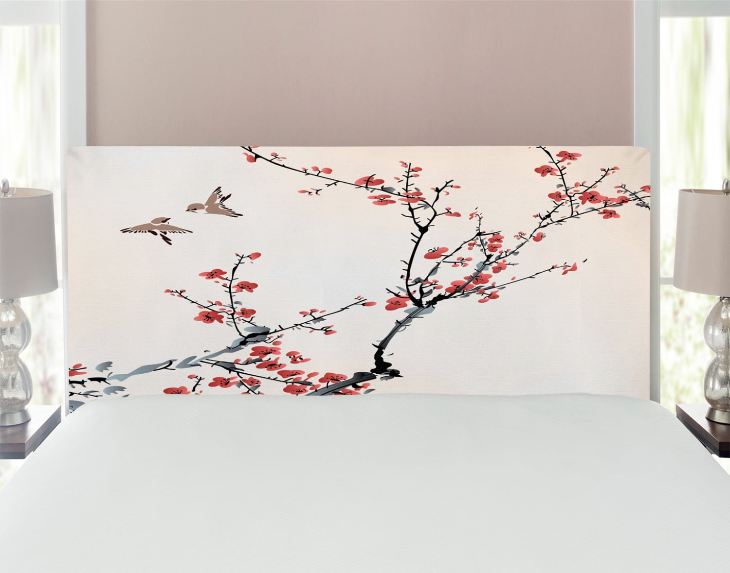 Nature Headboard, Flowers Buds and Birds with Cherry Branches Style Art