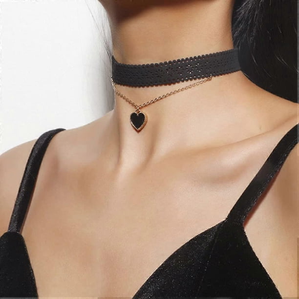 Layered Choker Black Heart Pendant Choker Necklace Halloween Goth Short Necklaces Tattoo Party Chokers for Women and Girls (B) - -
