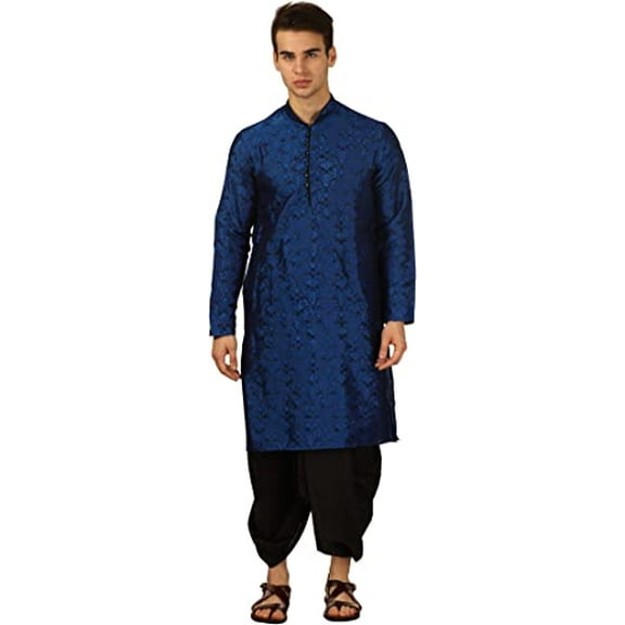 Devyom Men's Silk Straight Regular Fit Dhoti Kurta Set (Blue, 38)