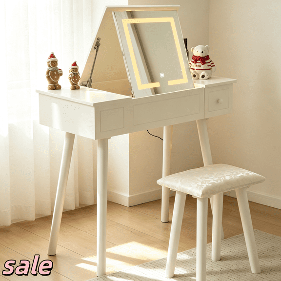 Hassch Dressing Table Set with Touch Light Mirror, Flip Top Vanity Table with Cushioned Stool, Makeup Table Set with Drawers for Bedroom, White