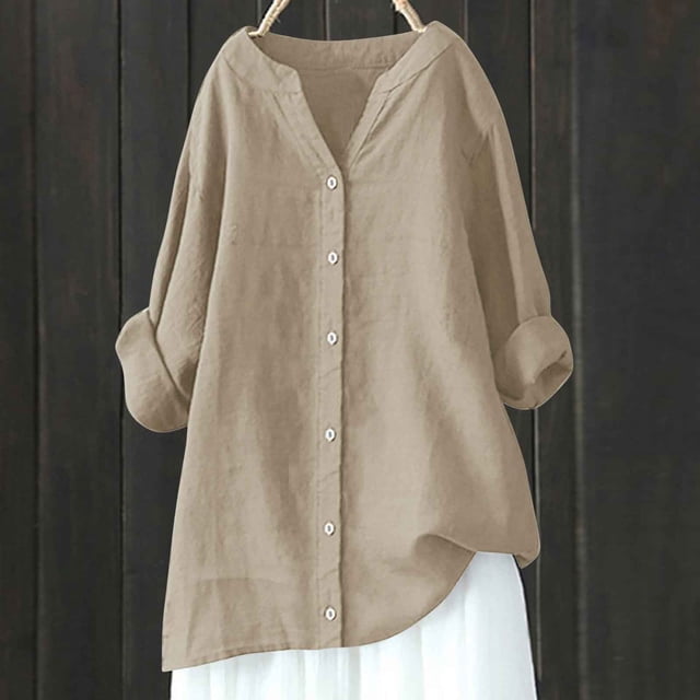 Meichang Chemise en Lin pour Femme à Boutons, Grande Taille, Manches Longues, Col en V, Hauts Unis Coupe Ample, Blouses Décontractées de Printemps, T-Shirts Basiques, Hauts en Coton et Lin