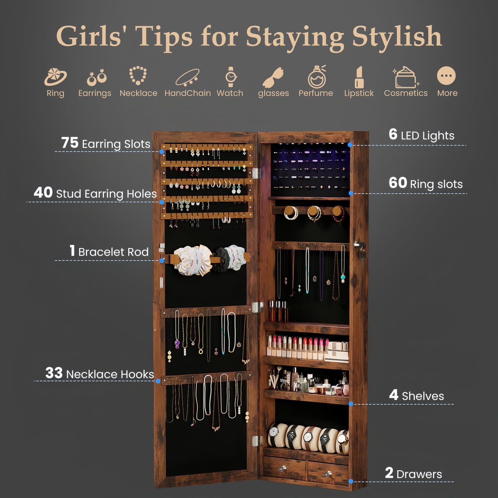 Kelno 47" Jewelry Armoire with HD Mirror LED Lights Wall/Door Mounted Jewelry Organizer Cabinet, Rust