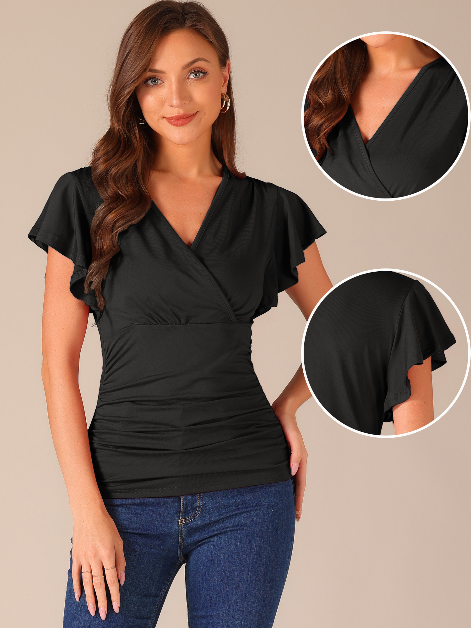 DARING DIVA Women's Stylish V Neck Cinched Waist Ruffle Sleeve Blouse S Black