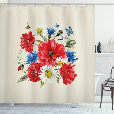 Ambesonne Flowers Shower Curtain, Vintage Poppies Daisy, 69"Wx70"L, Multicolor