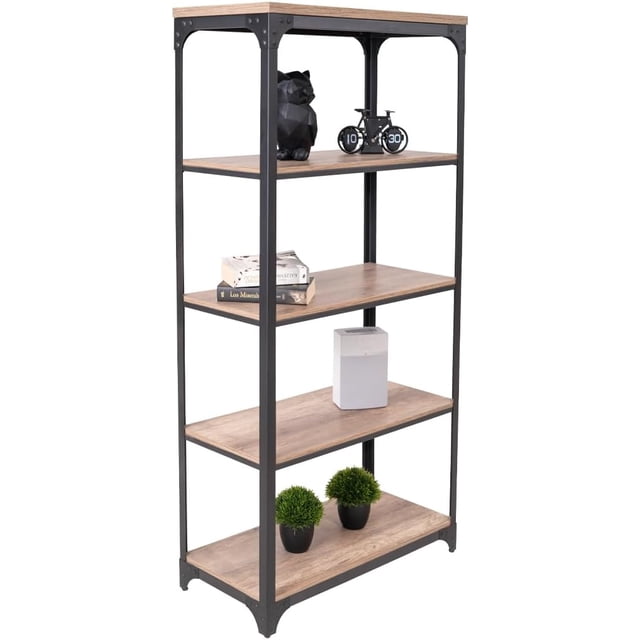 Librero Rack Multifuncional | Estantería Alta y Estructura de Metal | 4secciones | Ideal para Recámara Sala de Estar u Oficina | Diseño Funcional | Color Nogal