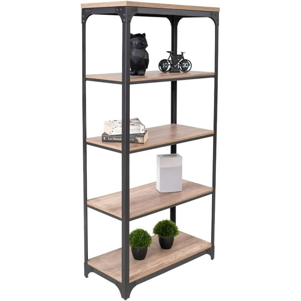 Librero Rack Multifuncional | Estantería Alta y Estructura de Metal | 4secciones | Ideal para Recámara Sala de Estar u Oficina | Diseño Funcional | Color Nogal