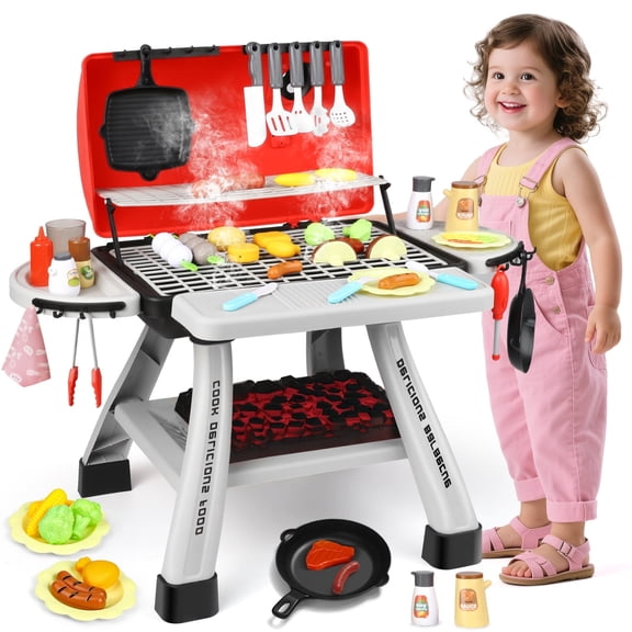 UQN 41Pcs Kids BBQ Grill Playset, Toddlers Pretend Play Food Toys, Kids Kitchen Play Set Outdoor Toy Grill, Toy Barbecue for Kids Toddlers Age 2 3 4 5 6 Years Old, Boys Girls Christmas Birthday Gift.