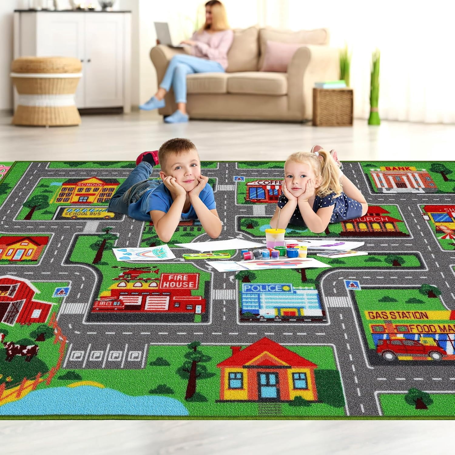 Kids Carpet Playmat Rug6.6'x5', Car Rug for Kids Cars, Non-Slip Town City Road Map Kids Rug for Playroom Bedroom Boys, Kids Car Mat Road Rug, Track Rug Car Play Rug for Kids