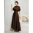 thumbnail image 4 of Coffee Brown Solid Color Round Neck Batwing Short Sleeve Pleated Maxi Dress For Women, 4 of 7