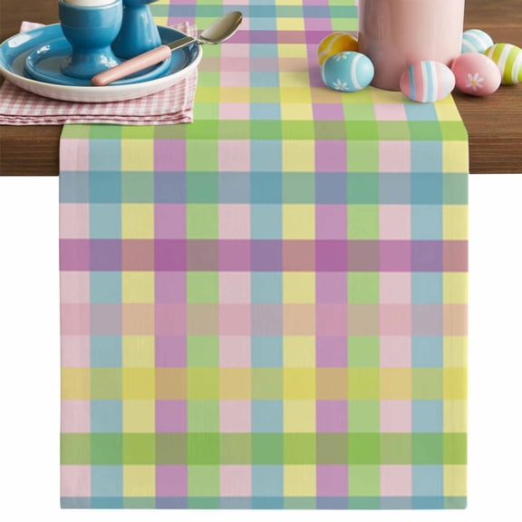 Easter Spring Table Runner, Colorful Buffalo Plaid Cotton Linen Kitchen Table Decoration Washable Dining Tabletop Runners for Home Party Decor 18x72 Inches
