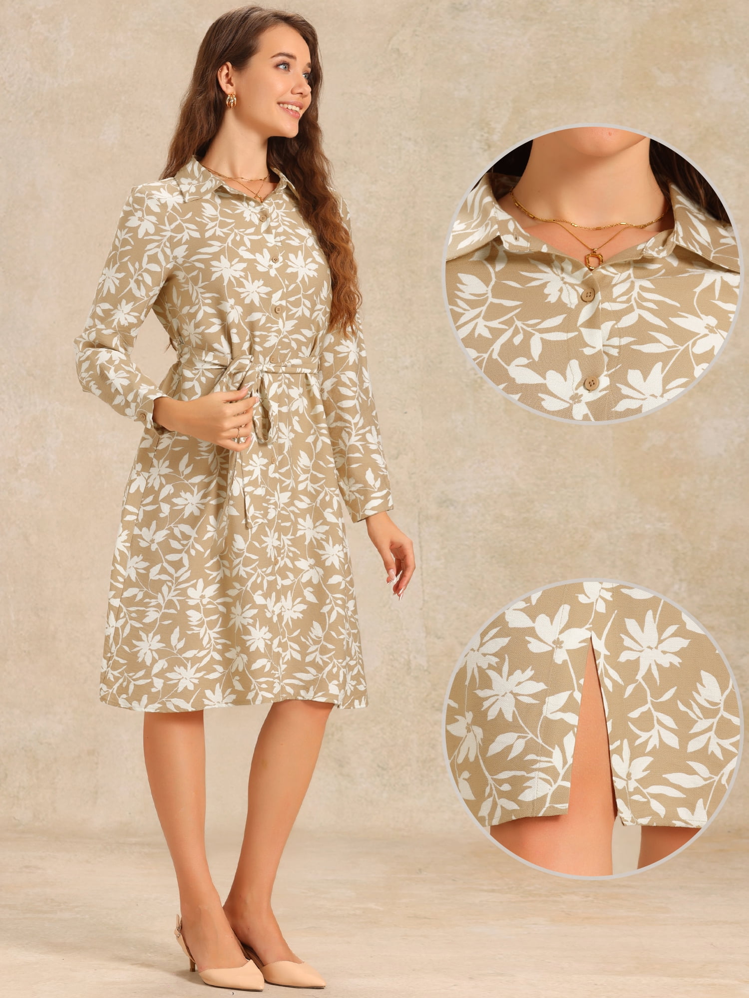 DARING DIVA Floral Button Down Tie Belted Shirt Dress S Khaki